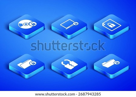 Set Folder and lock, CD or DVD disk with, Broken cracked, , Laptop and Document icon. Vector