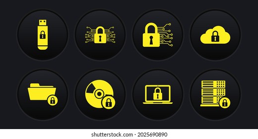 Set Folder and lock, Cloud computing, CD or DVD disk with, Laptop, Cyber security and  icon. Vector
