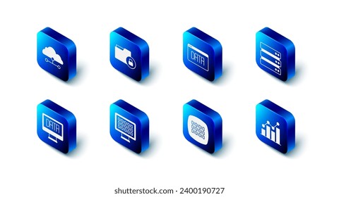 Set Folder and lock, Data analysis, Server, Pie chart infographic, Binary code,  and Network cloud connection icon. Vector