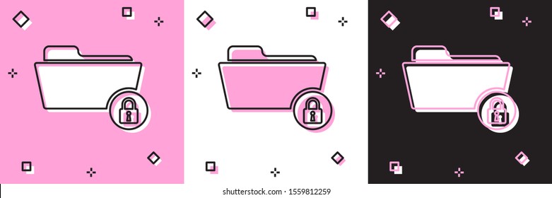 Set Folder and lock icon isolated on pink and white, black background. Closed folder and padlock. Security, safety, protection concept.  Vector Illustration