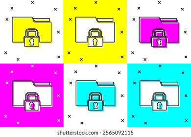 Set Folder and lock icon isolated on color background. Closed folder and padlock. Security, safety, protection concept.  Vector