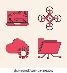 Set Folder and lock, Laptop, Drone and Cloud technology data transfer and storage icon. Vector