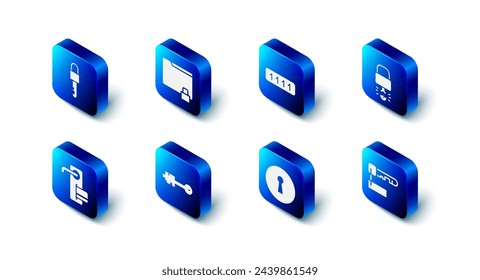 Set Folder and lock, Password protection, Key broke inside of padlock, Marked key, Keyhole, Old, Digital door and Locked icon. Vector