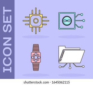 Set Folder and lock, Processor, Smartwatch and Remote control icon. Vector