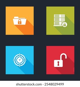 Set Folder and lock, Server security with, Time Management and Open padlock icon. Vector