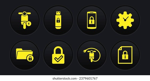 Set Folder and lock, Time Management, Lock check mark, Electric scooter, Smartphone with and USB flash drive icon. Vector