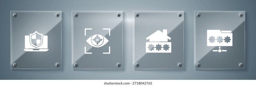 Set Folder with password, House, Eye scan and Laptop protected shield (Definir pasta com senha, casa, varredura de olhos e escudo protegido por notebook). Painéis de vidro quadrados. Vetor