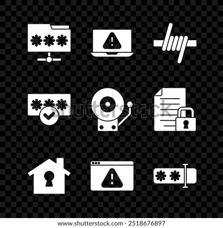 Set Folder with password, Laptop exclamation mark, Barbed wire, House under protection, Browser, Password,  and Ringing alarm bell icon. Vector