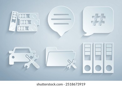 Establecer servicio de carpeta, burbuja de discurso de etiqueta, coche, carpetas de oficina, chat de voz e icono. Vector