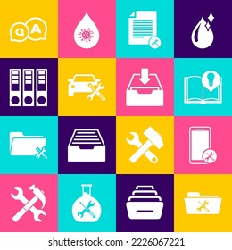 Set Folder service, Mobile, Interesting facts, File document, Car, Office folders, Question and Answer and Download inbox icon. Vector