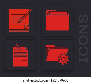 Set Folder settings with gears, Blank notebook and pen, Document folder and Note paper with pinned pushbutton icon. Vector