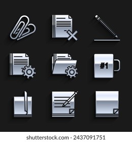 Set Folder settings with gears, Blank notebook and pen, File document, Coffee cup, Document, Pencil eraser line and Paper clip icon. Vector