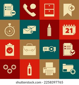 Set Folder settings with gears, Document and check mark, Calendar, Archive papers drawer, Envelope, Briefcase, minus and Pencil icon. Vector
