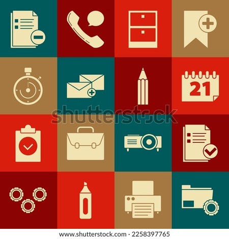 Set Folder settings with gears, Document and check mark, Calendar, Archive papers drawer, Envelope, Briefcase, minus and Pencil icon. Vector