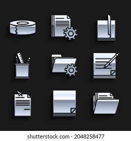 Set Folder settings with gears, File document, Document folder, Blank notebook and pen, Note paper pinned pushbutton, Pencil case stationery,  and Scotch icon. Vector