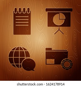 Set Folder Settings With Gears, Notebook, World Map Made From Speech Bubble And Presentation Financial Board With Graph, Schedule, Chart, Diagram, Infographic, Pie Graph On Wooden Background. Vector