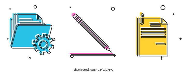 Set Folder settings with gears, Pencil with eraser and line and File document and paper clip icon. Vector