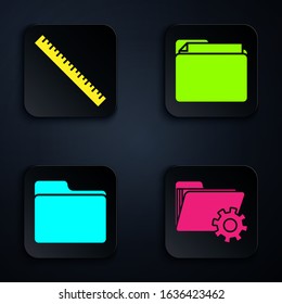 Set Folder settings with gears, Ruler, Document folder and Document folder. Black square button. Vector