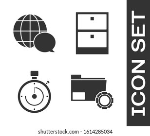 Set Folder settings with gears, World map made from speech bubble, Briefcase and Archive papers drawer icon. Vector
