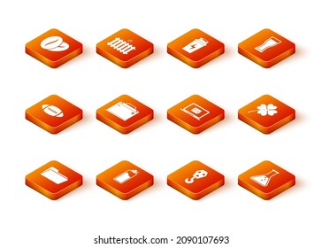 Set Folder, botella deportiva con agua, bola de fútbol americano, batería de coche, gancho industrial y icono de sobre portátil. Vector