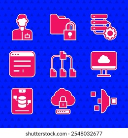 Definir árvore de pastas, bloqueio de computação em nuvem, configuração de filtro, transferência de dados de tecnologia, servidor, dados, hospedagem na Web, janela Navegador e ícone de engenheiro de engrenagens e Analistas. Vetor