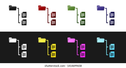 Set Folder tree icon isolated on black and white background. Computer network file folder organization structure flowchart. Vector Illustration