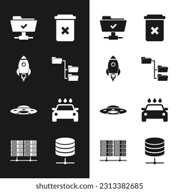 Set Folder tree, Rocket ship with fire, FTP operation successful, Trash can, UFO flying spaceship and Car wash icon. Vector