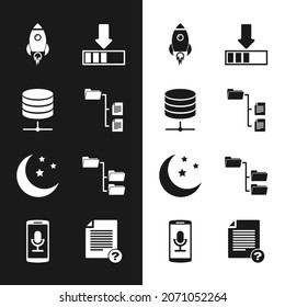 Set Folder tree, Server, Data, Web Hosting, Rocket ship with fire, Loading, Moon and stars and  icon. Vector