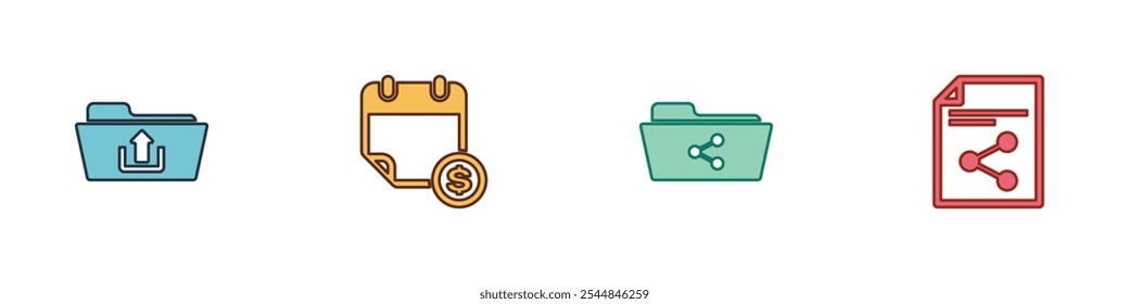 Set Folder upload, Financial calendar, Share folder and file icon. Vector