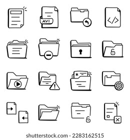 Conjunto de carpetas y carpetas en iconos de doodle

