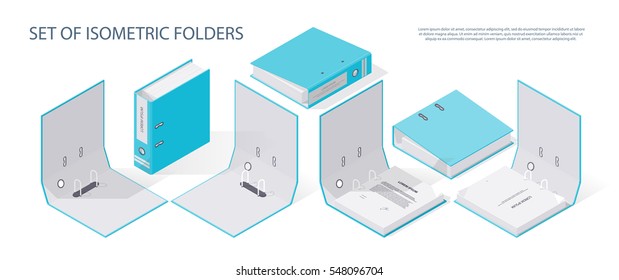 Set of folders, paper, storage boxes and a detailed isometric set vector graphic illustration