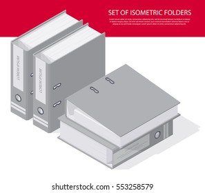 Set of folders, paper, storage boxes and a detailed isometric set vector graphic illustration