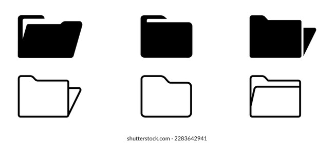Juego de carpetas iconos vectoriales. Carpeta abierta lineal negra. Carpeta para el documento de almacenamiento y archivo. Vector 10 Eps.