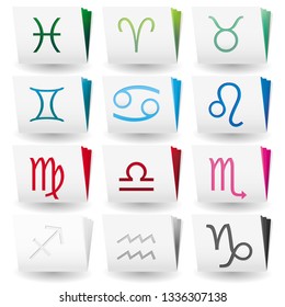 Set of folders with white covers and colored pages with zodiac signs on top placed by seasons from spring to winter, from Pisces to Aquarius, vector illustration