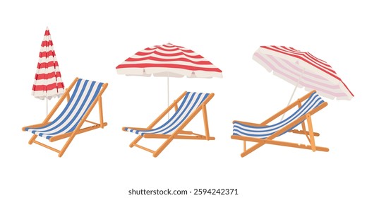 Set with folding beach chair with umbrella. Hand drawn beach and garden furniture.