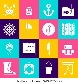 Set Folding chair, Hiking backpack, Folded map, Anchor, Fishing net with fish, Ship steering wheel, Crab and hook icon. Vector