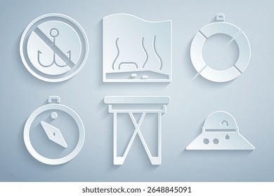 Set Folding chair, Lifebuoy, Compass, Fisherman hat, Aquarium and No fishing icon. Vector