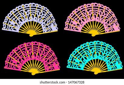 set of folding colorful spanish fans isolated on black background