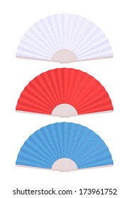 Set of folding fans of textured paper - white, red, blue.