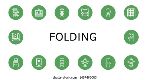 Set of folding icons such as Chair, Stand, Rope ladder, Exhibition, army knife 