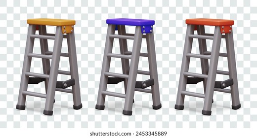 Set of folding ladders of different colors. Metal device for lifting up, height works