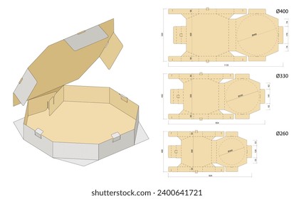 Set of Folding Ready Tray Boxes 42x42x5cm, 35x35x5cm, 30x30x5cm . Die Cut Retail Favor Packaging with Pizza.  Diameter 40cm 33cm 26cm. Three-Dimensional Laser Cutting Template. No Glue Needed.