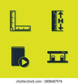 Set Folding ruler, Gas filling station, Audio book and Measuring height and length icon. Vector.