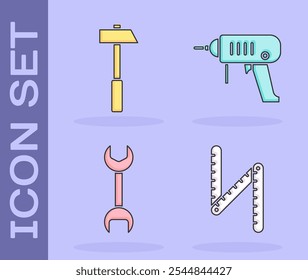 Conjunto de regla plegable, martillo, llave inglesa e icono de máquina de taladro eléctrico. Vector