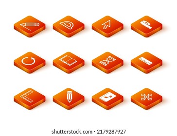 Set Folding ruler, Pencil, Refresh, Open book, Audio, Hourglass pixel, Pixel arrows four directions and Ruler icon. Vector