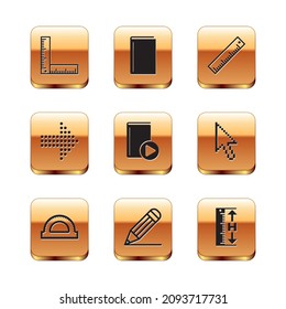 Set Folding ruler, Protractor grid, Pencil and line, Audio book, Dots arrow, Ruler, Measuring height length and Book icon. Vector