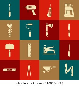 Set Folding ruler, Screwdriver, Chisel tool for wood, Stationery knife, Paint roller brush, Metallic screw,  and Wooden axe icon. Vector