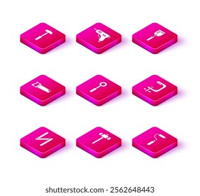 Set Folding ruler, Sledgehammer, Hand saw, Wrench spanner, Paint roller brush, Clamp screw tool, Putty knife and Electric hot glue gun icon. Vector