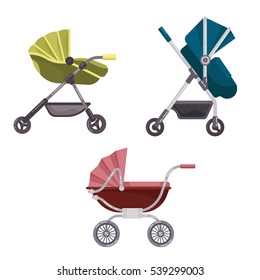 Set of folding stroller or buggy, baby carriage or child wagon, infant transport with wheels, pram icon, newborn or toddler go-cart. Family or parenting sign, maternal or mother walk, baby care theme