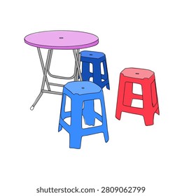 Set a folding table and plastik chairs on a coffee shop and street food at summer